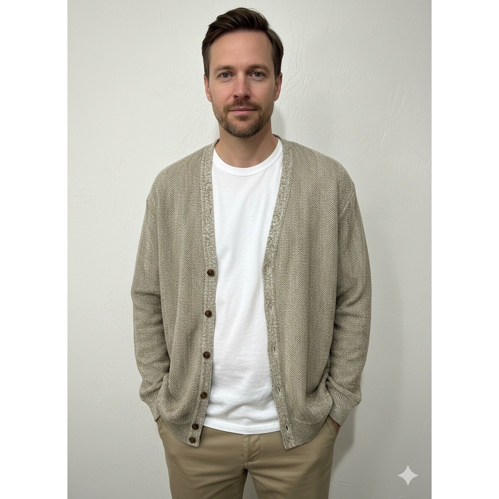Roundtree & Yorke Tall Man Beige Herringbone Cotton Cardigan Sweater 2XLT